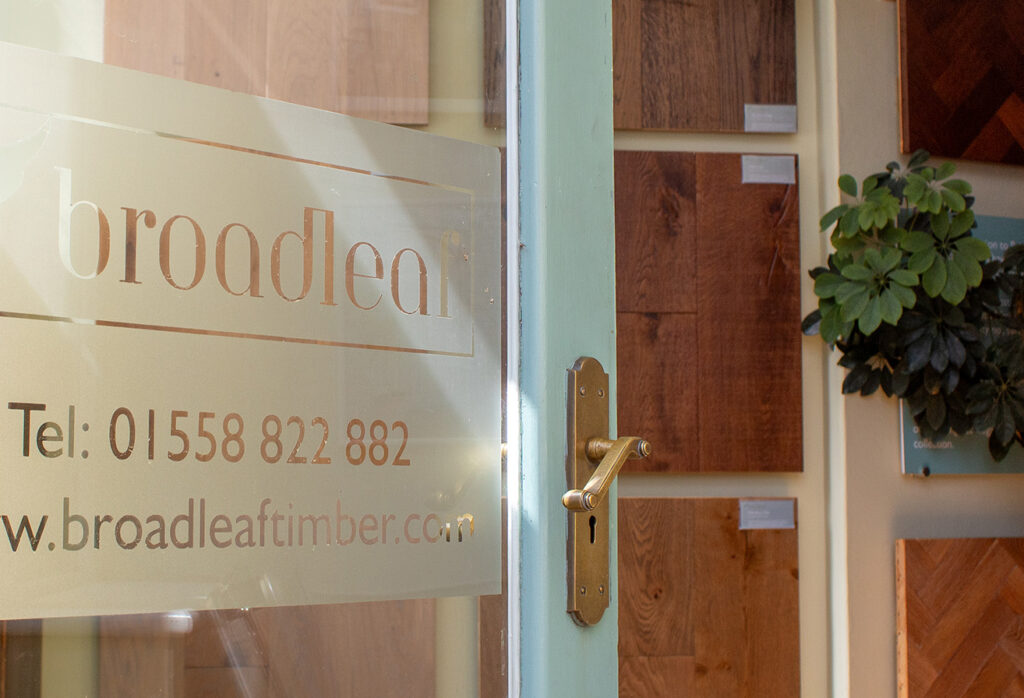 Entrance door to Broadleaf Timber's Llandelio showroom in Wales.