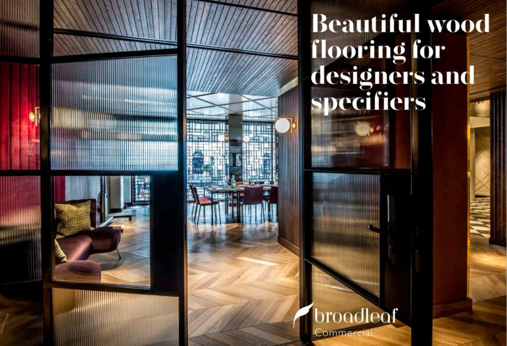 The cover of Broadleaf Timber's commercial brochure shows a herringbone design parquet flooring used in a modern and exclusive business. The tagline 'Beautiful wood flooring for designers and specifiers' is written in the top right.