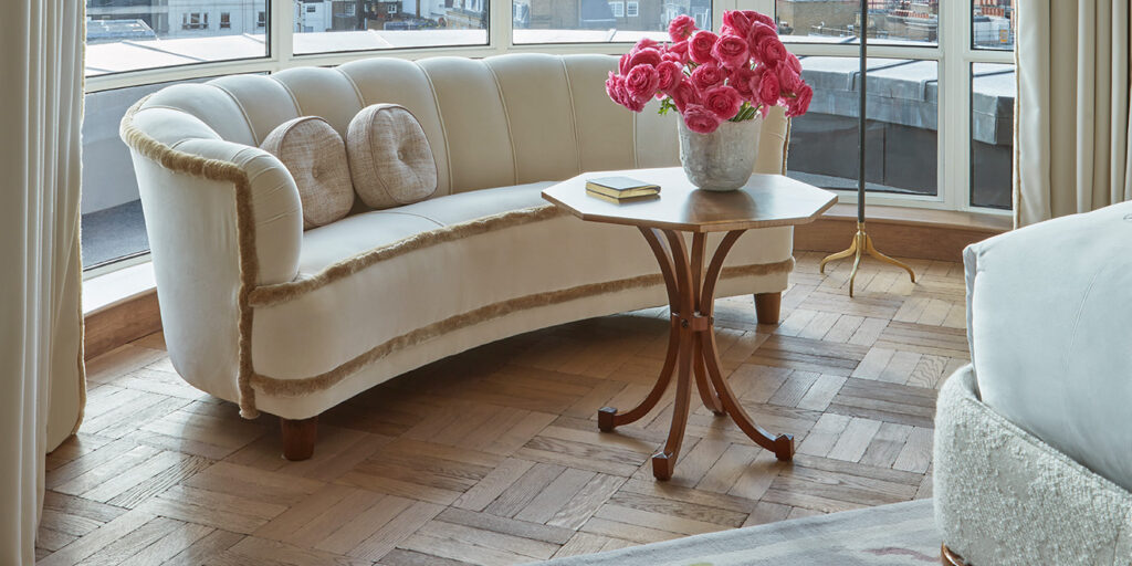Basketweave pattern parquet flooring in a penthouse