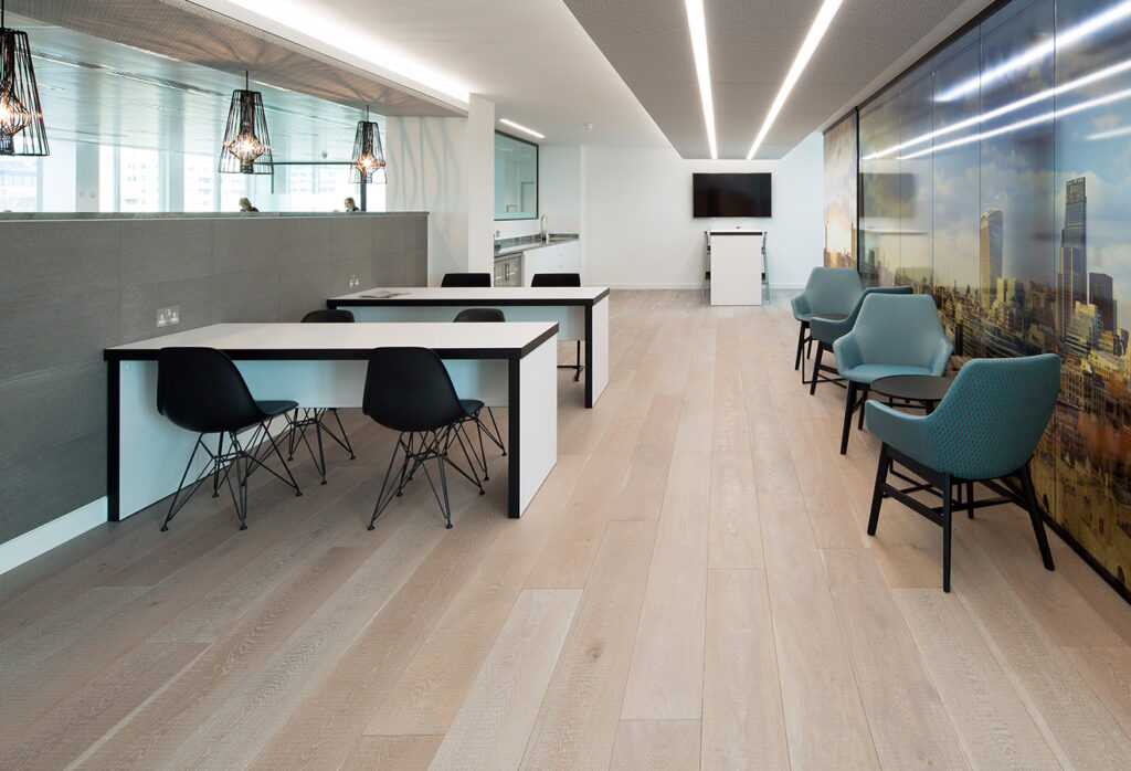 Oak plank flooring laid in an office building on Blackfriars Road, London.